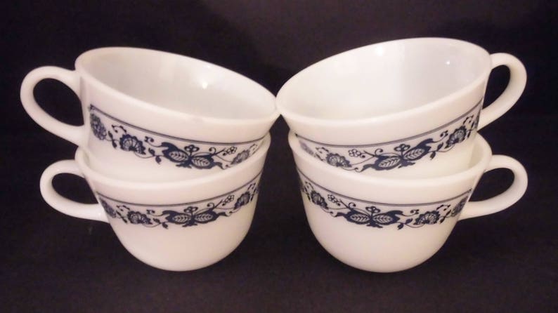 Vintage Pyrex Old Town Pattern Blue and White Pyrex Coffee or Tea Cups 1970's Set of 4 image 3