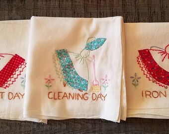 Muslin Kitchen Towel set of 3 Work days Cotton Handmade Vintage Embroidery & Applique