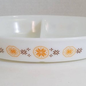 Pyrex Vintage Glass Oval Divided Dish in Town and Country Pattern Brown and Yellow Bake Ware 1960's