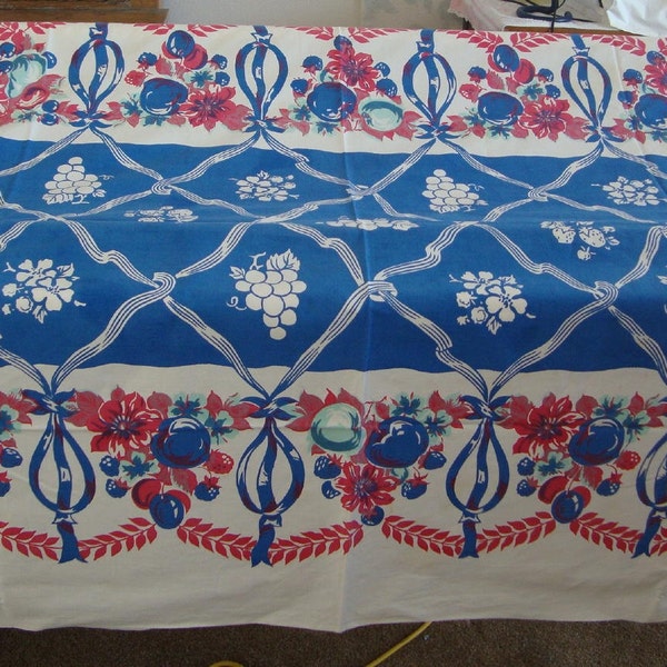 Tablecloth Vintage 1940s Era Printed Tablecloth-Brightly colored all Cotton-Vintage Kitchen Linens