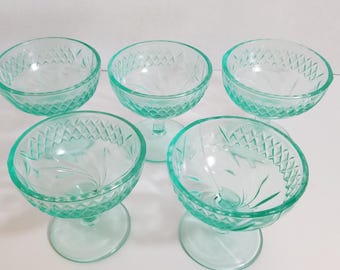 Floral & Diamond Band Compote Dishes Set US Glass Co 1920's Depression Glass