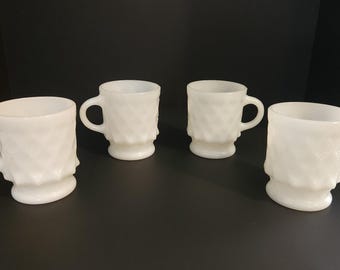 Mugs Anchor Hocking Kimberly Diamond Pattern 4 White Milk Glass Tea Coffee Cups