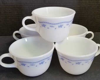 Juego de 5 tazas de café vintage Pyrex/Corning con diseño Morning Blue, de vidrio opalino.