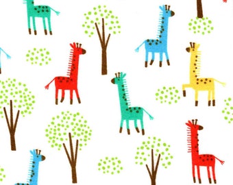 Fabric Baby  Flannel  Print Cotton Sewing Colorful Giraffes on White  Price per yard