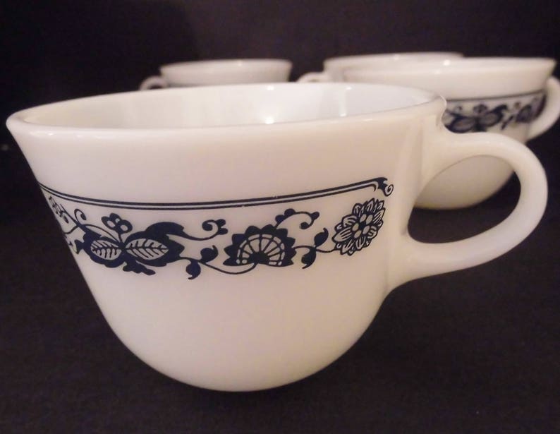 Vintage Pyrex Old Town Pattern Blue and White Pyrex Coffee or Tea Cups 1970's Set of 4 image 1