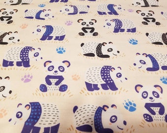 Fabric Cotton Flannel Sewing or Quilting  Sweet Panda & Hearts on creamy background BTY