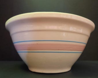 Vintage Mixing Bowl Oven Ware #10 USA Round Banded in stripes of blue and Pink