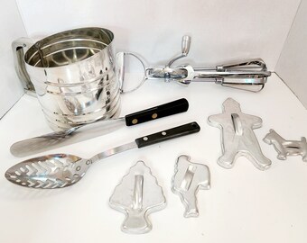 Kitchen Utensils Vintage Group of 8 Sift Chine Sifter Stainless Hand Cookie cutters Mixer and More