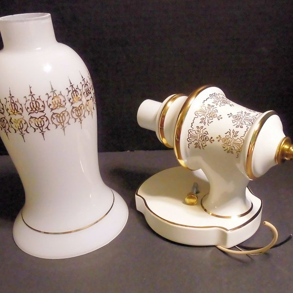 Vintage Porcelain Electric Wall Sconce Light Fixture and globe Pretty gold/White Light Globe 2 pieces USA