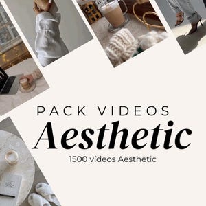 Pode incluir: Imagem com tema estético com bebidas de café, um laptop e acessórios aconchegantes. O texto "PACK VIDEOS Aesthetic" e "1500 vídeos Aesthetic" são exibidos. A estética geral é suave e convidativa, com foco no estilo de vida e na criação de conteúdo.