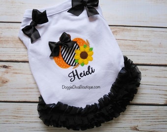 Dog T Shirt, Pumpkin and Sunflower applique, Dog Tee, Dog Top, XS, Small, Medium, with or without ruffles and bows