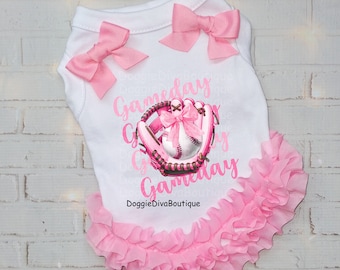 Pink Baseball Game Day Dog T Shirt, Dog Top, Dog Tee, XS, Small, Medium, with or without ruffles and bows