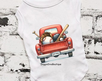 Play Ball Baseball Pickup Truck Dog T Shirt, Dog Top, Dog Tee, XS, Small, Medium, with or without ruffles and bows