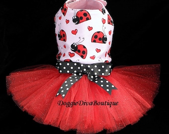 Ladybug and Hearts Dog Tutu Dress Love Bug XXS, XS, Small, Medium