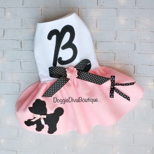 Dog Dress - Poodle Skirt Dress or Yorkie dress with your dogs initial - 50's Pink xs, small, medium