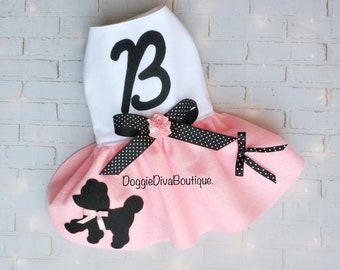 Dog Dress - Poodle Skirt Dress or Yorkie dress with your dogs initial - 50's Pink xs, small, medium