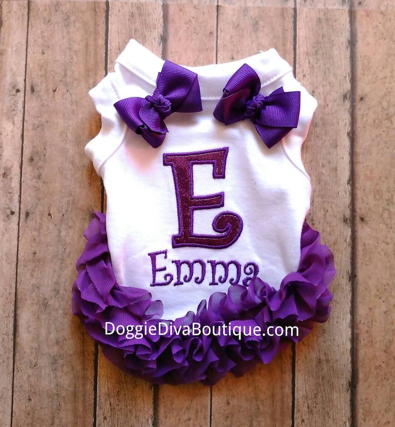 with or without bows or ruffles Small Embroidery Dog Shirt Dog T Shirt Purple Initial and name embroidered Medium