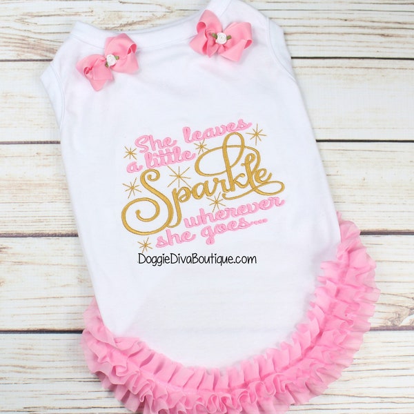 Dog T Shirt, Embroidered dog t shirt, Pink and Gold Sparkle, XS, Small, Medium, with or without bows or ruffles