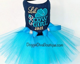 Dog Dress - Dog Tutu Dress - Dog Western Dress - Lil' Cowgirl Embroidery - Hot Pink or Turquoise Dog Tutu Dress - Small, Medium
