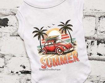 Hello Summer Retro Car Dog t Shirt, 20 shirt colors to choose from, XS, Small, Med, L, XL, XXL, 3XL