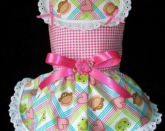 Dog Dress Monkeys and Frogs, With or without D ring, Matching Leash, or Hair Bow available, XXS, XS, Small, Custom available