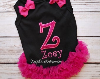 Dog T Shirt, Initial and name embroidered, Embroidery Dog Shirt, Black and Hot Pink, Large, L, XL, XXL, with or without bows or ruffles