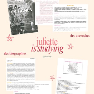 Peut inclure: Un collage de documents sur fond rose clair, avec une photo en noir et blanc d'un homme en uniforme, du texte en français et l'inscription "juliette is studying". Le tout est orné d'étoiles roses.