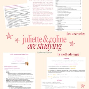 Peut inclure: Un guide d'étude avec le texte "juliette & coline are studying" et diverses notes, références et exemples. Le guide comprend des sections sur les conseils, les résumés et la méthodologie, avec des décorations d'étoiles roses.