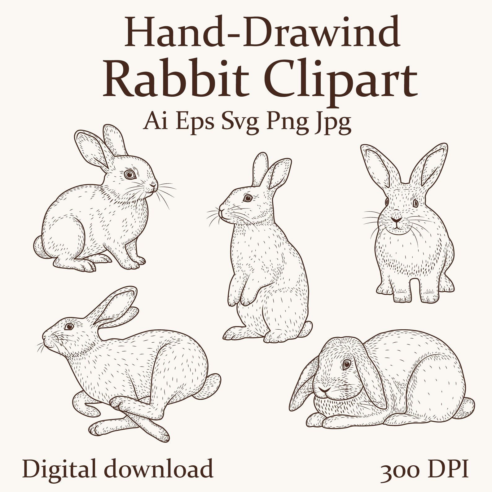 Vintage Bunny Rabbit Clipart Set | Hand Drawn Line Art (PNG SVG Ai EPS ...