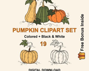 Hand-Drawn Pumpkin Clipart Set | Fall Autumn Graphics (Digital Download)
