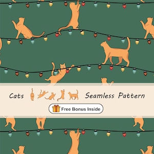 May include: Seamless pattern featuring orange cats interacting with string lights against a dark green background. The words "Cats" and "Seamless Pattern" are displayed. A gift box icon with the text "Free Bonus Inside" is also present.