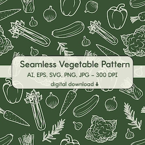 May include: Seamless vegetable pattern design featuring white line art illustrations of vegetables like carrots, onions, zucchini, and garlic on a dark green background. The text "Seamless Vegetable Pattern" is displayed. Digital download.
