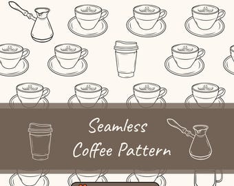 Seamless Coffee Pattern – Line Art Cups & Moka Pots Clipart Background (Bonus Inside)
