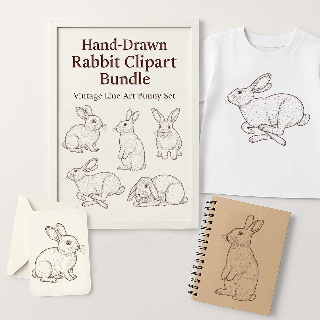 Vintage Bunny Rabbit Clipart Set | Hand Drawn Line Art (PNG SVG Ai EPS ...