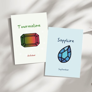 Cartes de naissance de septembre et octobre, cartes de voeux avec pierres précieuses saphir et tourmaline, cadeau parfait pour les anniversaires et les amateurs de pierres précieuses