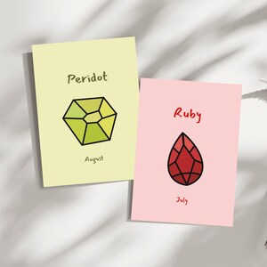 Cartes de naissance de juillet et août, cartes de voeux de pierres précieuses rubis et péridot, cadeau parfait pour les anniversaires et les amateurs de pierres précieuses