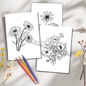 May include: Three white rectangular cards featuring black ink line art illustrations of various flowers, including daisies and anemones, arranged with three colored pencils in red, yellow, and blue positioned at the bottom left corner.