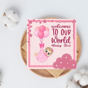 Cartão de boas-vindas para bebê — Cartão digital para impressão — Download instantâneo — Presente de chá de bebê — Design floral rosa