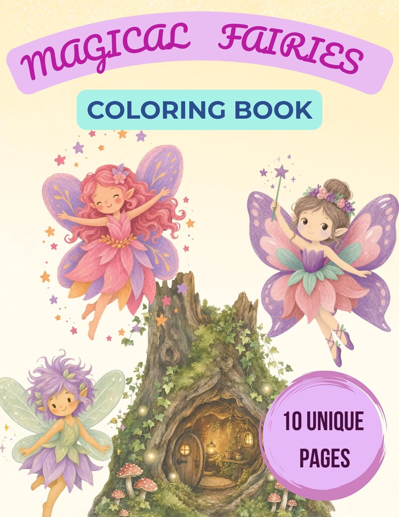 May include: A coloring book cover titled MAGICAL FAIRIES COLORING BOOK with 10 UNIQUE PAGES. The cover features three illustrated fairies with purple, pink, and green wings, and a hollow tree trunk home with ivy and mushrooms at the base.