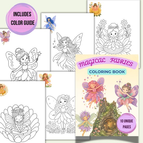 Magical Fairies Coloring Book 10 Printable Pages Instant Download Digital PDF and PNG Fantasy Art for Kids  Relaxing Coloring Pages