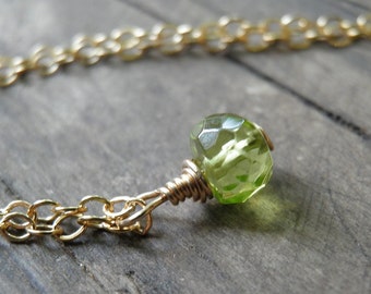 Valentine's SALE, Tiny Peridot Necklace, Minimalist Necklace, Simple Necklace, Green Necklace, 14K Gold Filled, August Birthstone Necklace