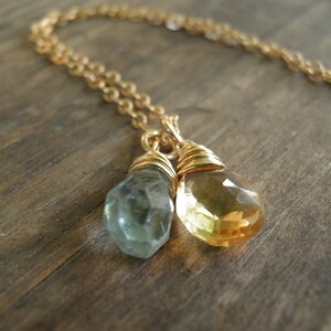 March And November Birthstone, Aquamarine Citrine Necklace, Rough Finished Aquamarine Necklace,  Blue Necklace, Yellow Gold Necklace,