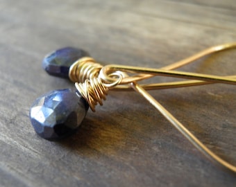 Solid Gold Natural Blue Sapphire Earrings, September Birthstone Jewelry, Statement Earrings, Rough Sapphire Dangle Teardrop Earring