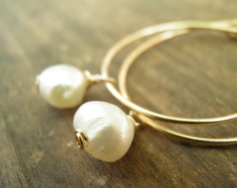 JUNE BIRTHSTONE Earrings Pearl Hoops, June Birthstone, Bridal Simple Fresh Water Pearls Hoops, Gold, Anniversary, Wedding, Gift For Her