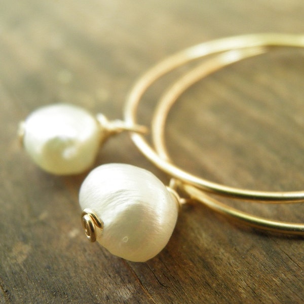 JUNE BIRTHSTONE Earrings Pearl Hoops, June Birthstone, Bridal Simple Fresh Water Pearls Hoops, Gold, Anniversary, Wedding, Gift For Her