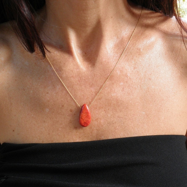 Red Jewelry Ruby Red Necklace Coral Teardrop Necklace Minimalist Coral Pendant Delicate 14k Gold filled Necklace Gift For Mom