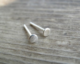 Tiny Silver Stud Earrings 3mm  Flat Round Sterling Silver Post Earrings, Unisex Silver Post Earrings, Silver Jewelry, Dot Pebble Stud