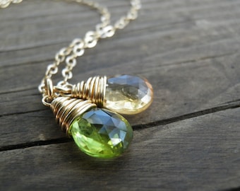 Rough Finished Peridot, August Birthstone, Green Yellow Citrine Briolettes Necklace, 14k Gold Filled, Spring Sale, Feminine, Bridal Gift