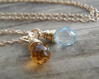 December Birthstone, Blue Topaz Citrine Necklace, Rough Finished Blue Topaz Crystal Blue, Yellow Honey Jewelry, November birthstone, in Gold