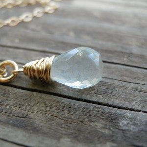 March Birthstone, Bridal Aquamarine Necklace, Birthstone Jewelry, Rough Finished Aquamarine Briolette, 14k Gold Filled Aquamarine Birthstone